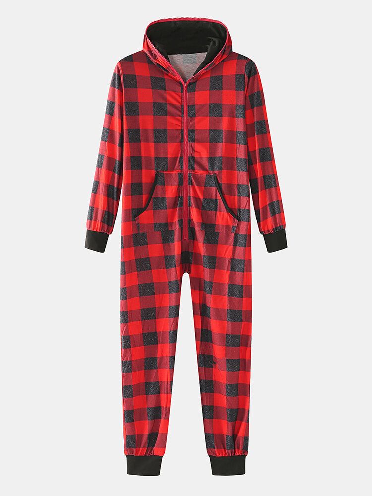 Klassischer Herren-plaid-print Vordertasche Langarm Reißverschluss Kapuzen-overall Home Einteiliger Pyjama