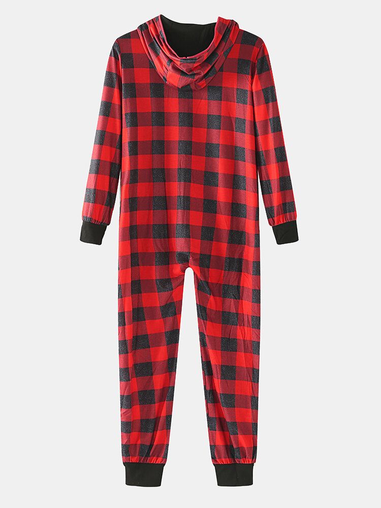 Klassischer Herren-plaid-print Vordertasche Langarm Reißverschluss Kapuzen-overall Home Einteiliger Pyjama