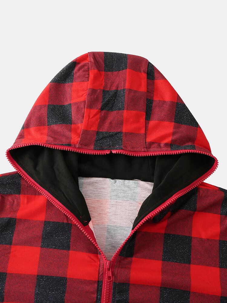 Klassischer Herren-plaid-print Vordertasche Langarm Reißverschluss Kapuzen-overall Home Einteiliger Pyjama