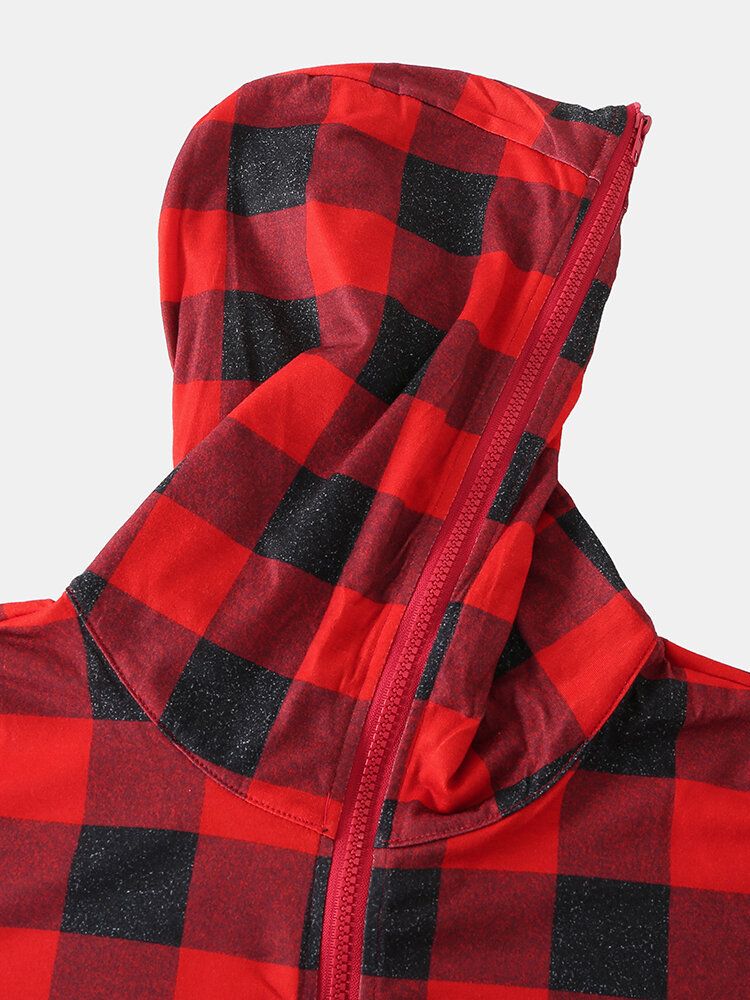 Klassischer Herren-plaid-print Vordertasche Langarm Reißverschluss Kapuzen-overall Home Einteiliger Pyjama