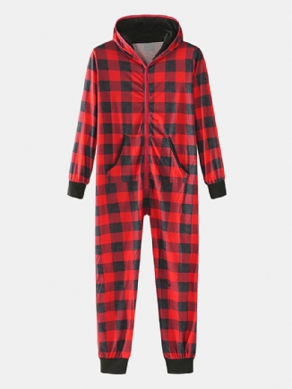 Klassischer Herren-plaid-print Vordertasche Langarm Reißverschluss Kapuzen-overall Home Einteiliger Pyjama