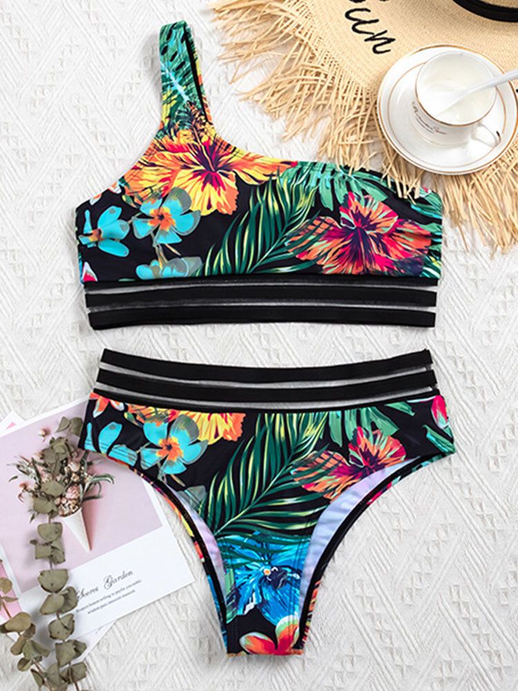 Plant Leaf Tropischer Print One-shoulder-bikinis Mit Netzbesatz Und Hoher Taille