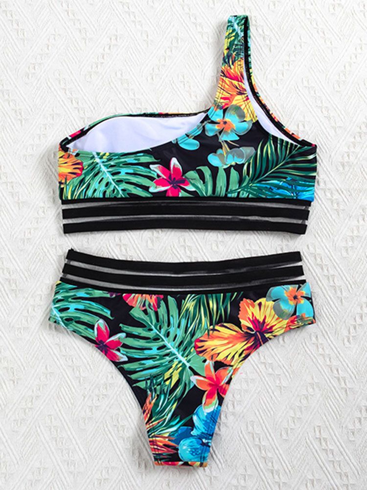 Plant Leaf Tropischer Print One-shoulder-bikinis Mit Netzbesatz Und Hoher Taille