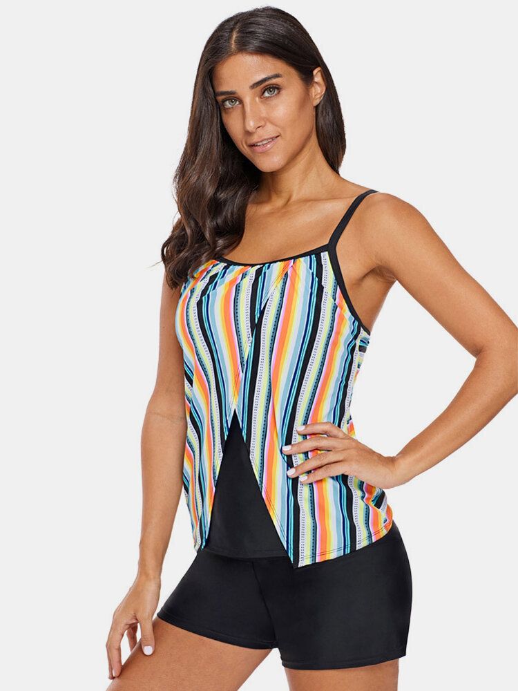 Plus Size Damen Bunte Gestreifte Spaghettiträger Ärmellose Bademode