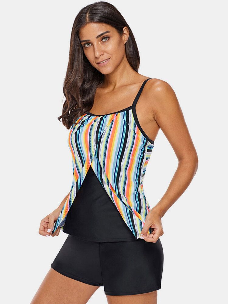 Plus Size Damen Bunte Gestreifte Spaghettiträger Ärmellose Bademode