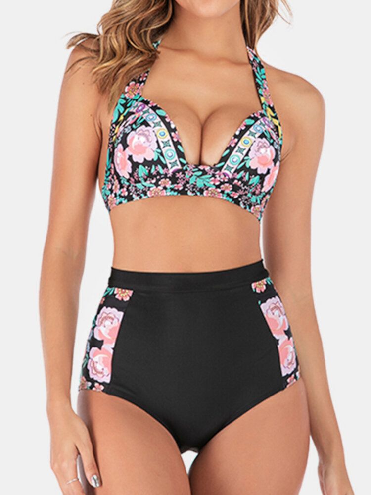 Plus Size Damen Floeal Print Patchwork High Waist Bikini Backless Bademode