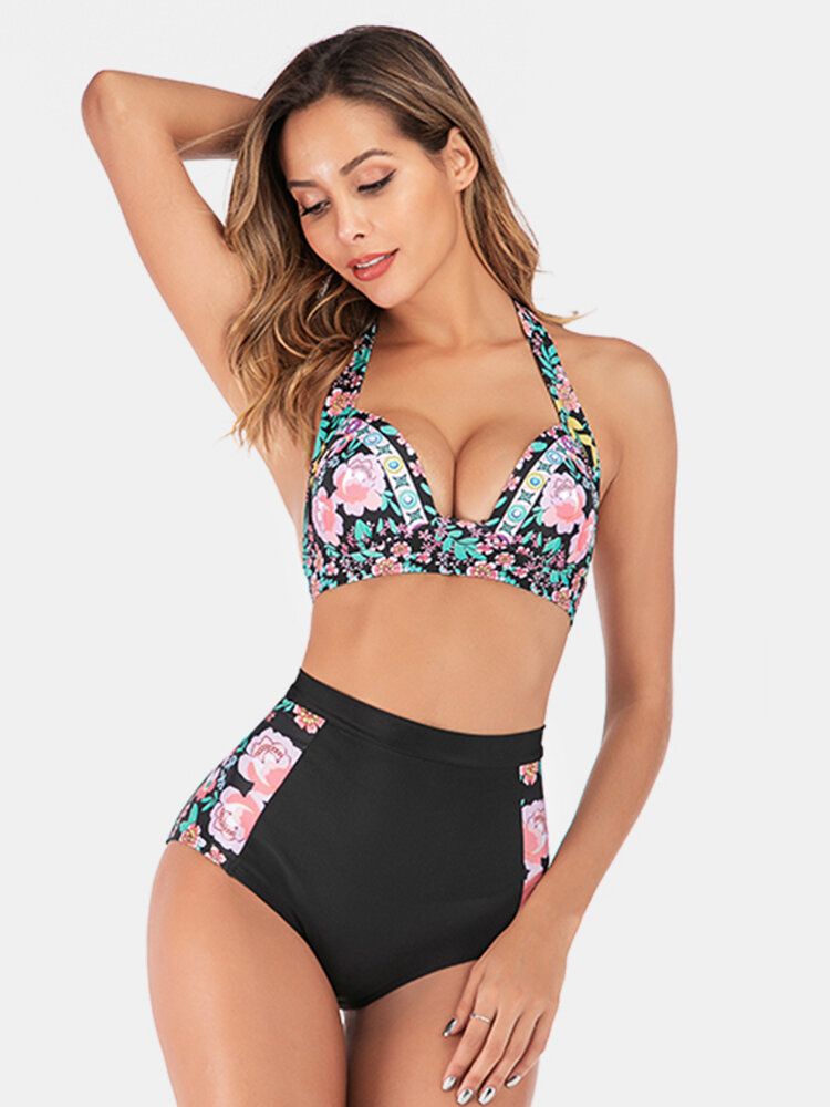 Plus Size Damen Floeal Print Patchwork High Waist Bikini Backless Bademode