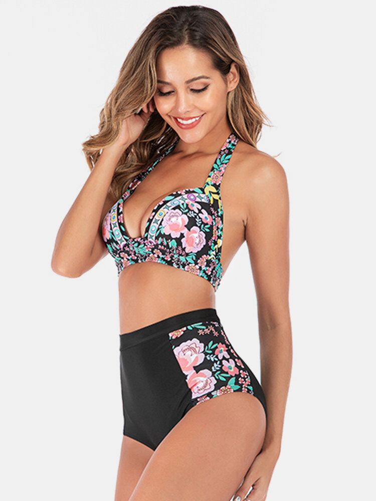 Plus Size Damen Floeal Print Patchwork High Waist Bikini Backless Bademode