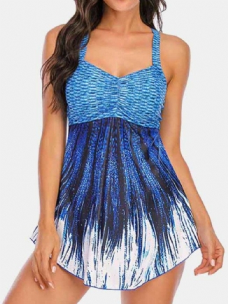 Plus Size Damen Ombre Wave Print Backless Cover Belly Swimdress Beachwear