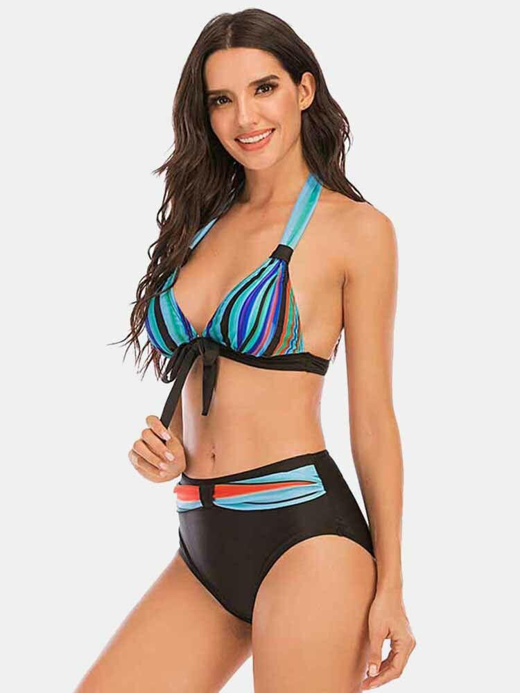 Plus Size Frauen Bunte Streifen Krawatte Vorne Halfter Rückenfreie Bikinis Bademode