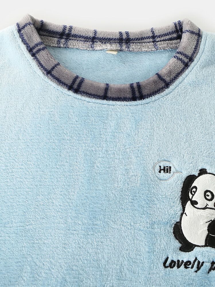 Süße Panda-buchstaben-stickerei-gitternähte Für Herren O-ausschnitt Flanell Warme Pyjama-sets