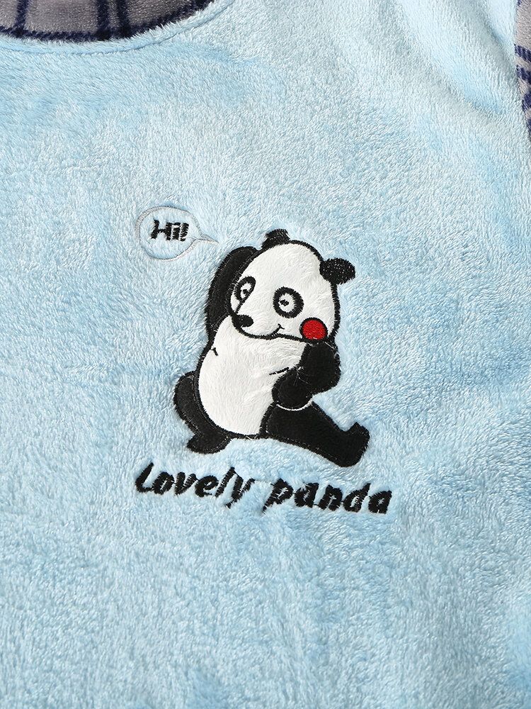 Süße Panda-buchstaben-stickerei-gitternähte Für Herren O-ausschnitt Flanell Warme Pyjama-sets