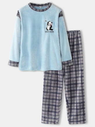 Süße Panda-buchstaben-stickerei-gitternähte Für Herren O-ausschnitt Flanell Warme Pyjama-sets