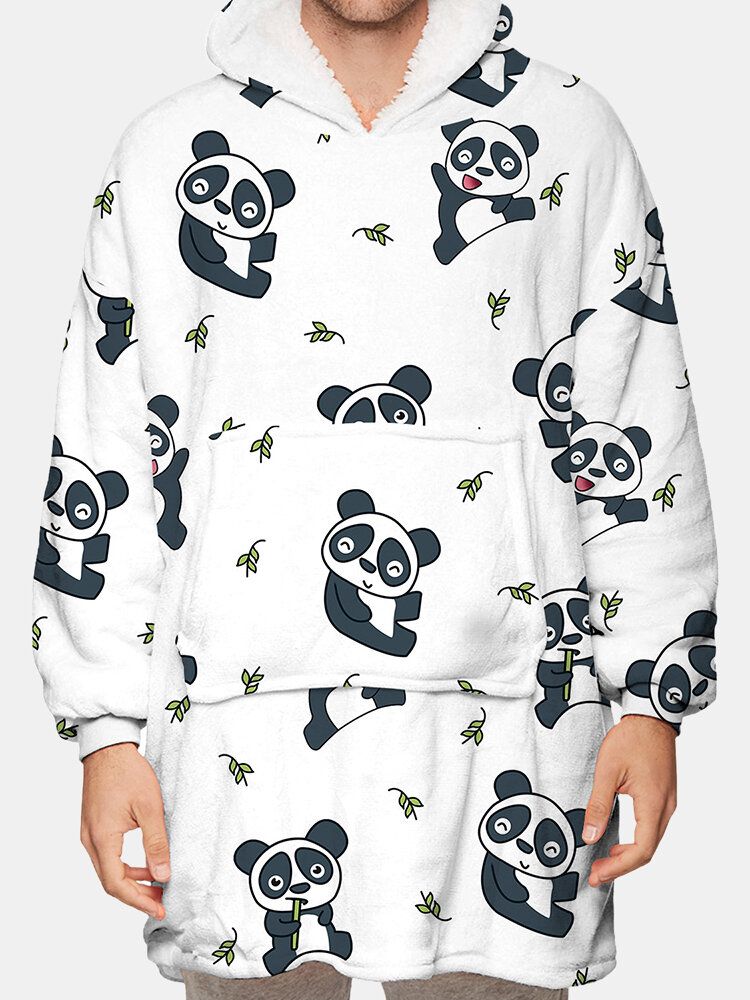 Süßer Panda-bedruckter Flanell-oversize-hoodie Für Herren Zweiseitig Mit Kängurutasche