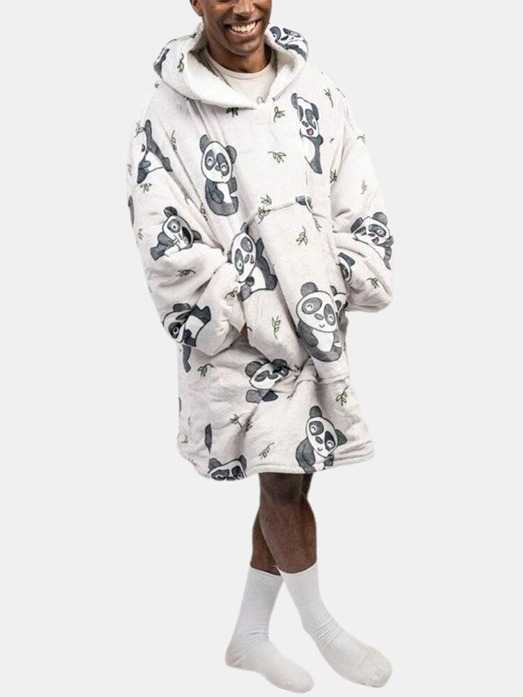 Süßer Panda-bedruckter Flanell-oversize-hoodie Für Herren Zweiseitig Mit Kängurutasche