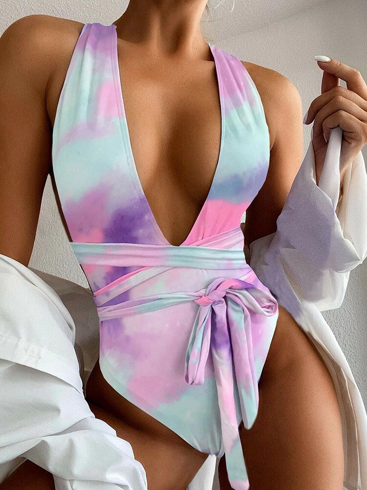 Tie Dye Backless Bandage High Fork Holiday One Piece Damen Strand Bademode