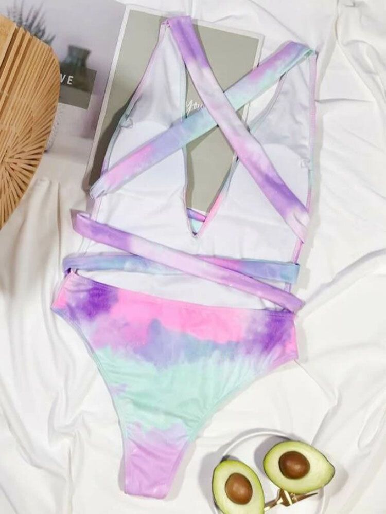 Tie Dye Backless Bandage High Fork Holiday One Piece Damen Strand Bademode