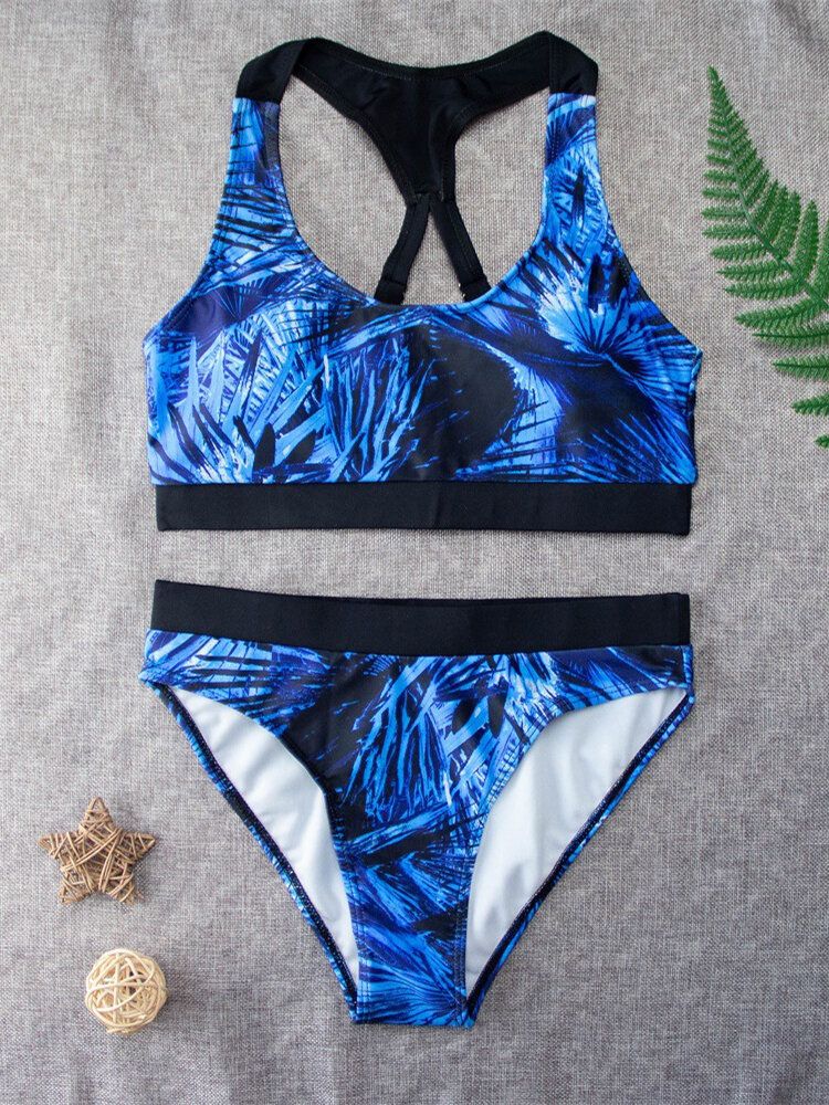 Tropical Leaf Print Criss Cross Back Wide Straps Hohe Taille Sommer Strand Bikinis Bademode