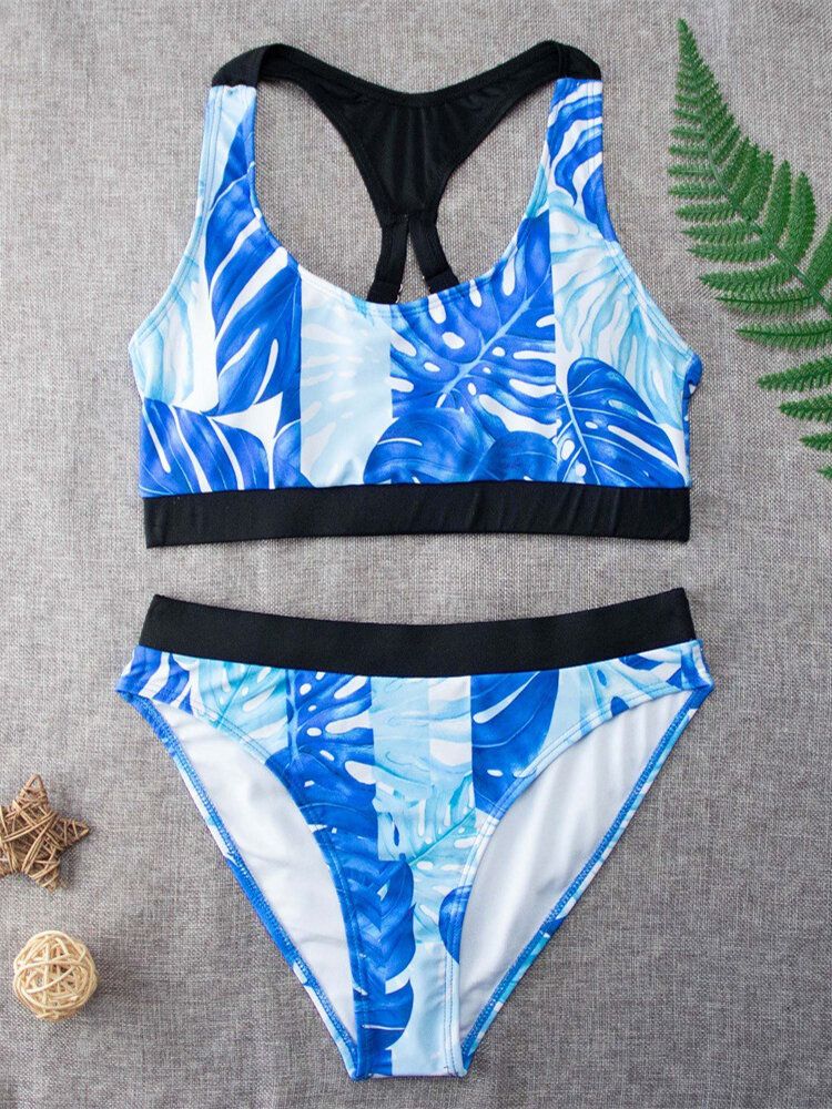 Tropical Leaf Print Criss Cross Back Wide Straps Hohe Taille Sommer Strand Bikinis Bademode