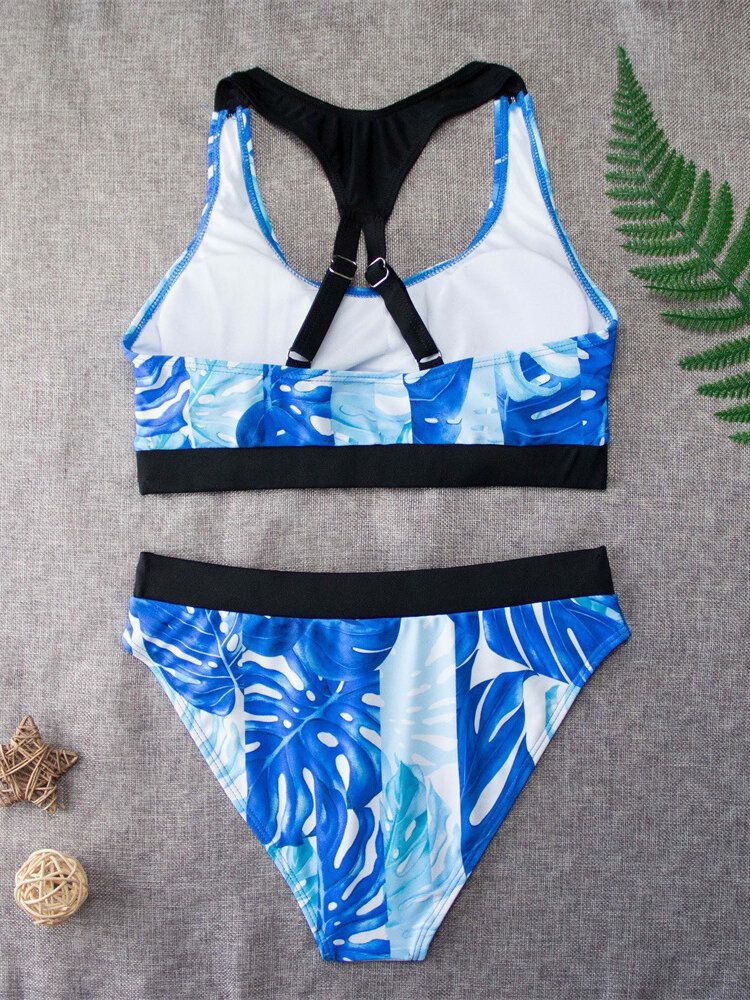 Tropical Leaf Print Criss Cross Back Wide Straps Hohe Taille Sommer Strand Bikinis Bademode