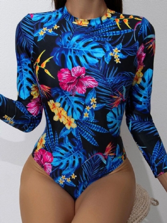 Tropical Leaves Print High Neck Backless Langarm Slimming One Piece Damen Bademode