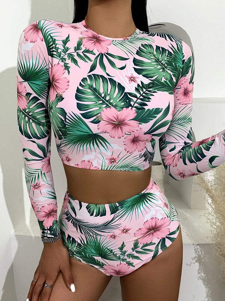 Tropical Plant Print Reißverschluss Hinten Langärmlig Hoch Taillierte Bikinis Damen Strand Badeanzug