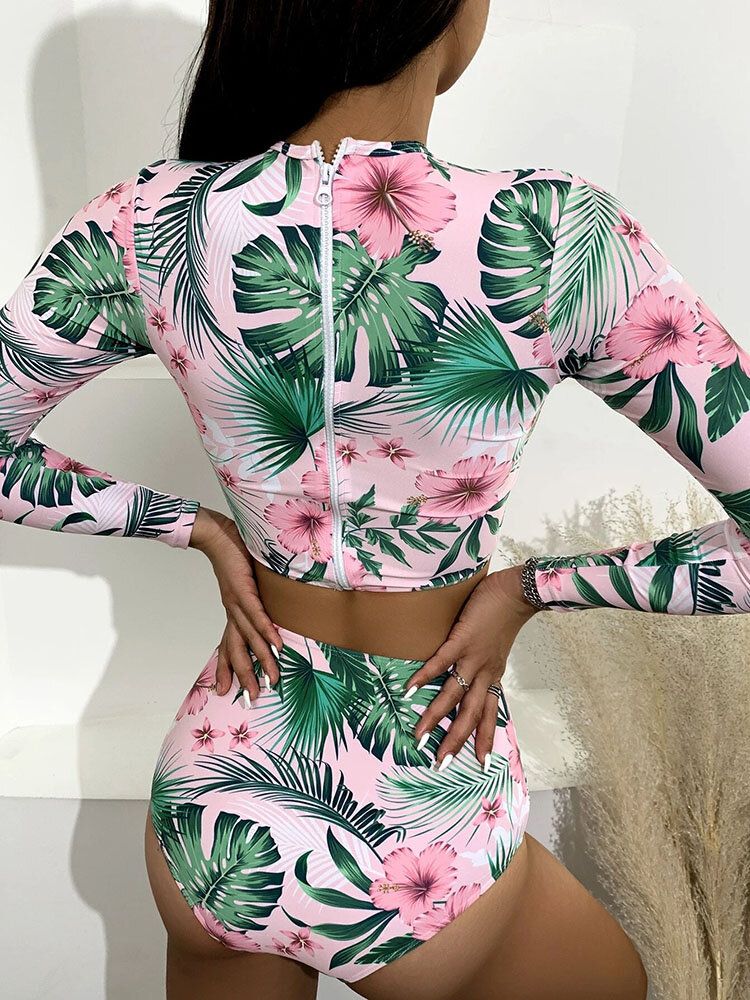 Tropical Plant Print Reißverschluss Hinten Langärmlig Hoch Taillierte Bikinis Damen Strand Badeanzug