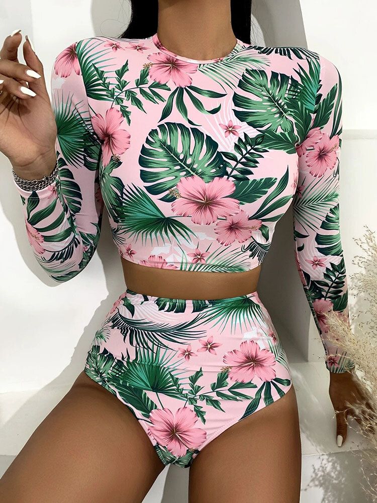 Tropical Plant Print Reißverschluss Hinten Langärmlig Hoch Taillierte Bikinis Damen Strand Badeanzug