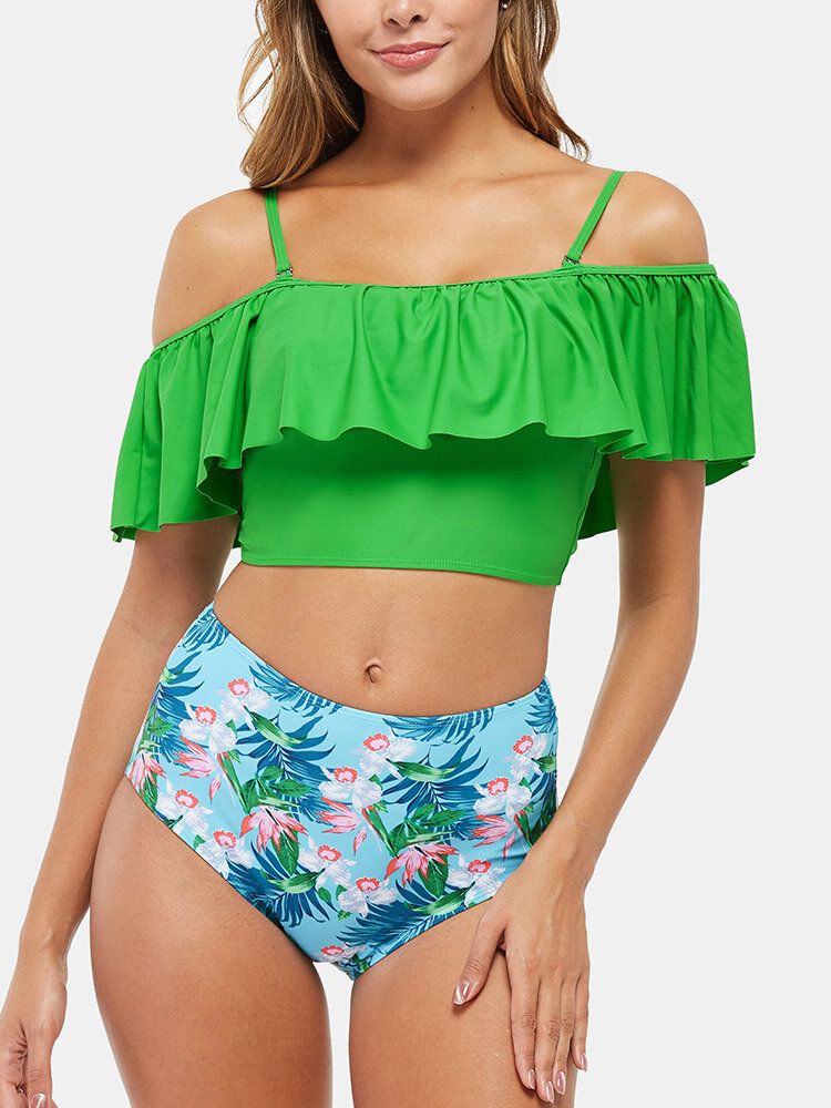 Tropical Plant Print Rüschen High Waist Bikini Hawaii Lässiger Badeanzug Für Frauen