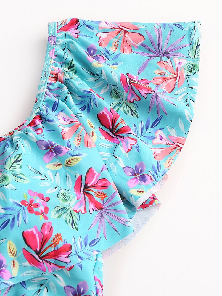 Tropical Plant Print Rüschen High Waist Bikini Hawaii Lässiger Badeanzug Für Frauen