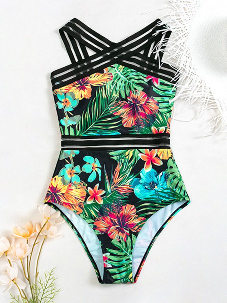 Tropical Plants Print Striped Mesh Slimming One Piece Damen Hawaii Badeanzug