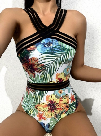 Tropical Plants Print Striped Mesh Slimming One Piece Damen Hawaii Badeanzug