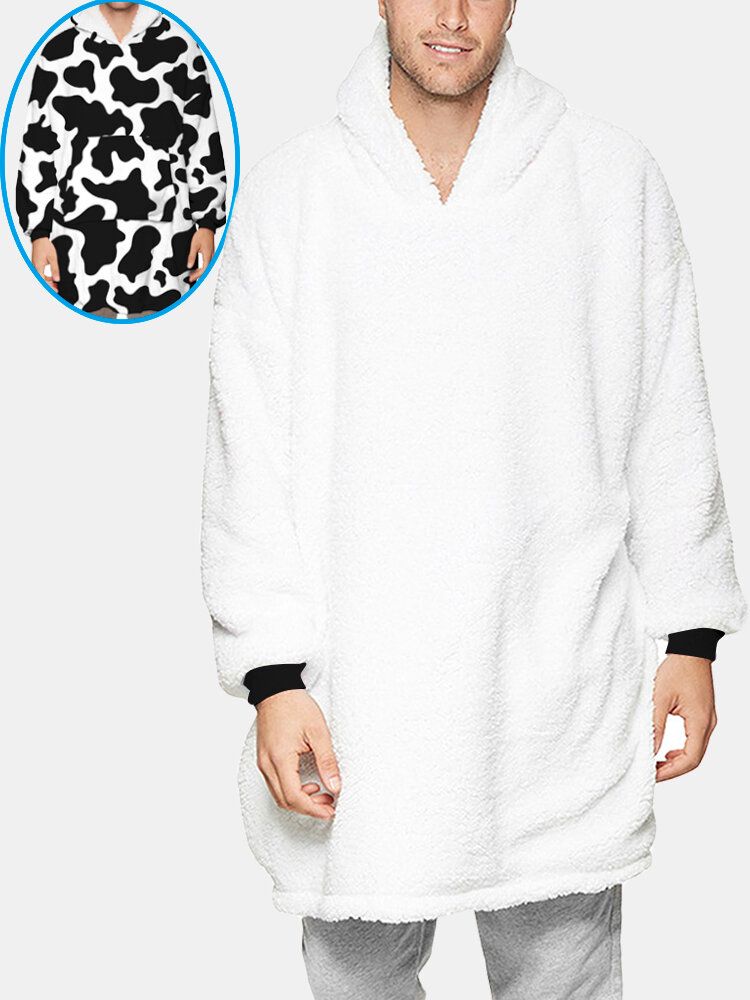 Zweiseitiger Oversize-hoodie Aus Flanell Mit Kuhmuster-print Für Herren Mit Kängurutasche