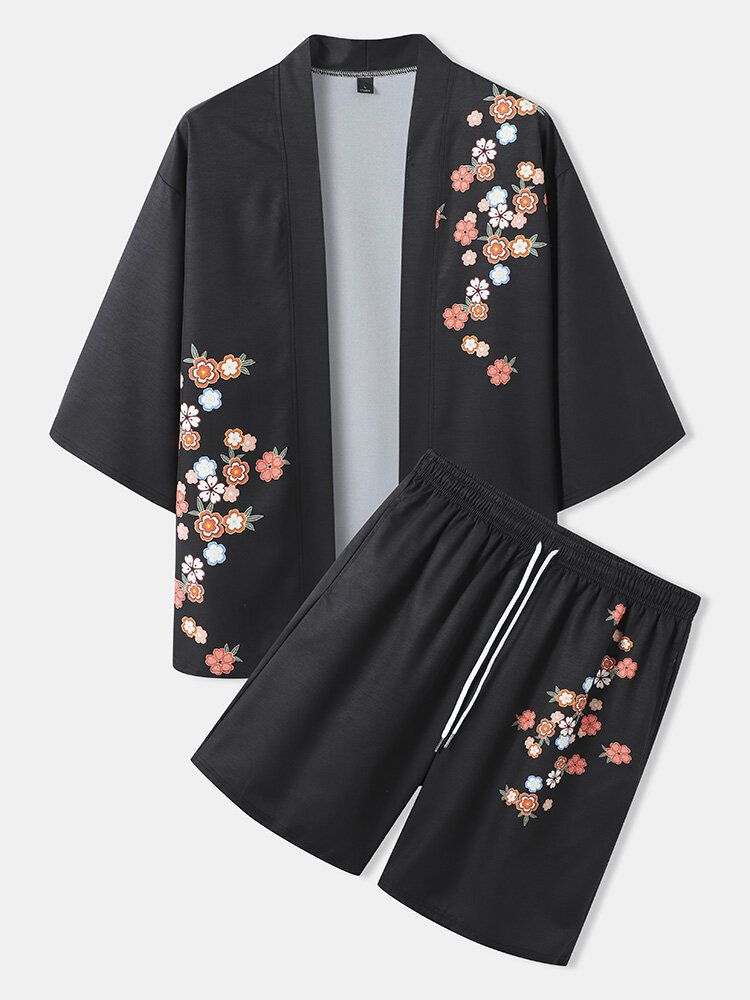 Zweiteiliger Kimono Mit Blumenmuster Und Offener Vorderseite Für Herren