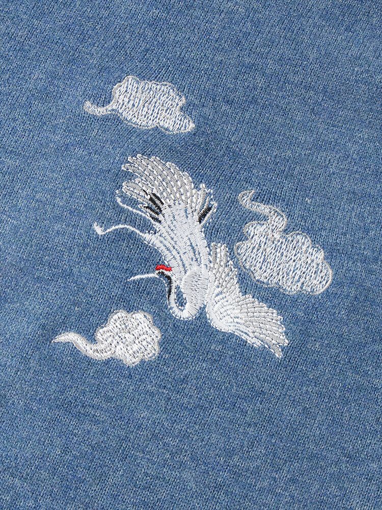 Chinoiserie Crane Embroidery Raglan Sleeve Warme Strickpullover Für Herren