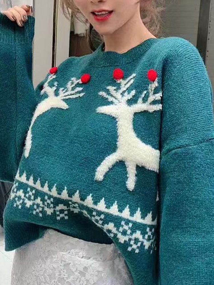 Damen Pullover Mit Weihnachtselch-patch Und Rundhalsausschnitt