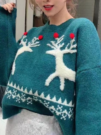 Damen Pullover Mit Weihnachtselch-patch Und Rundhalsausschnitt