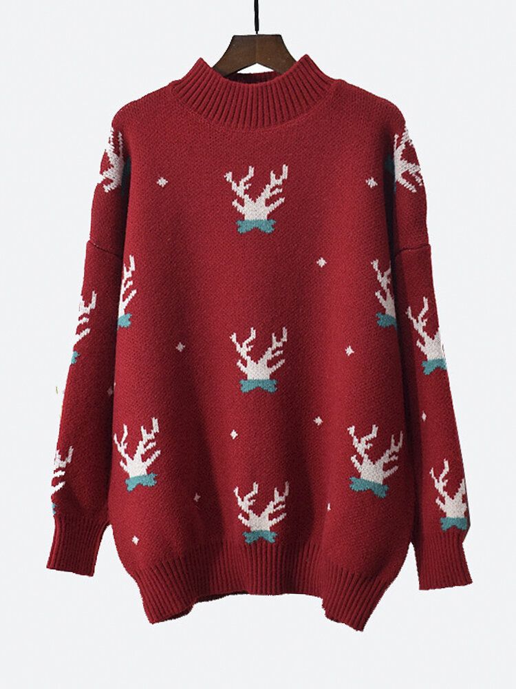 Damen Rippstrick Weihnachtsgeweih Muster Drop Shoulder Pullover Pullover