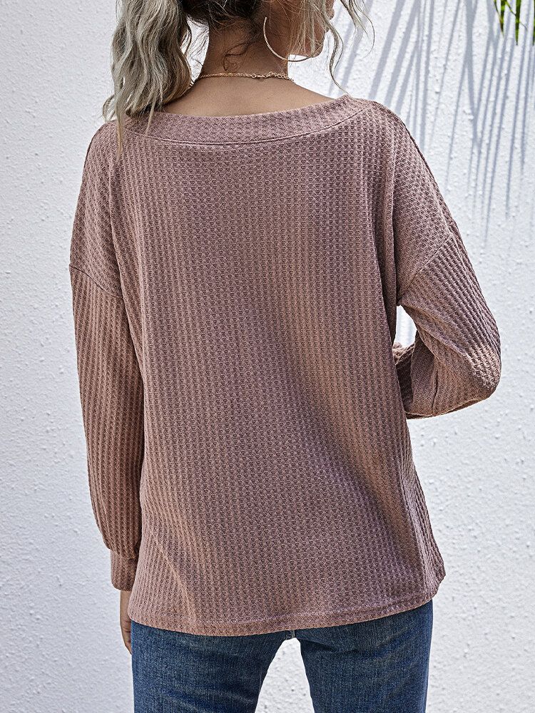 Damen Strukturstrick V-ausschnitt Reine Farbe Langärmlige Einfarbige Pullover