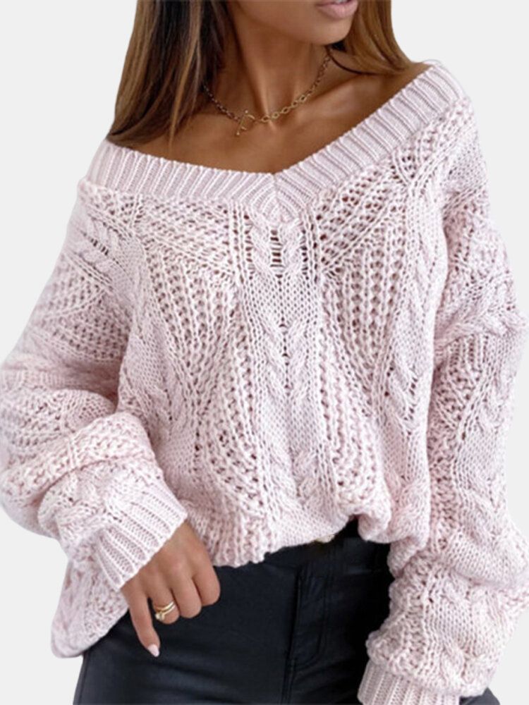 Damen V-ausschnitt Einfarbig Stricken Aushöhlen Lässige Pullover