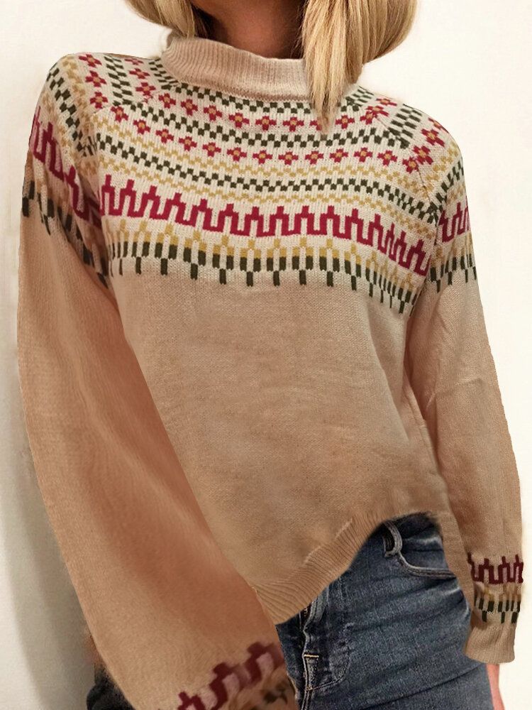 Damen Vintage Jacquard Bedruckter Halbkragen Lässiger Pullover Strickpullover