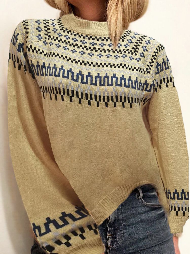 Damen Vintage Jacquard Bedruckter Halbkragen Lässiger Pullover Strickpullover