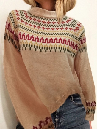 Damen Vintage Jacquard Bedruckter Halbkragen Lässiger Pullover Strickpullover