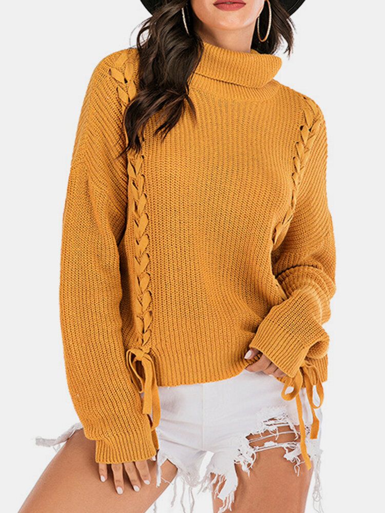 Frauen-bandage-pullover Mit Hohem Halsausschnitt Warme Gelbe Strickpullover