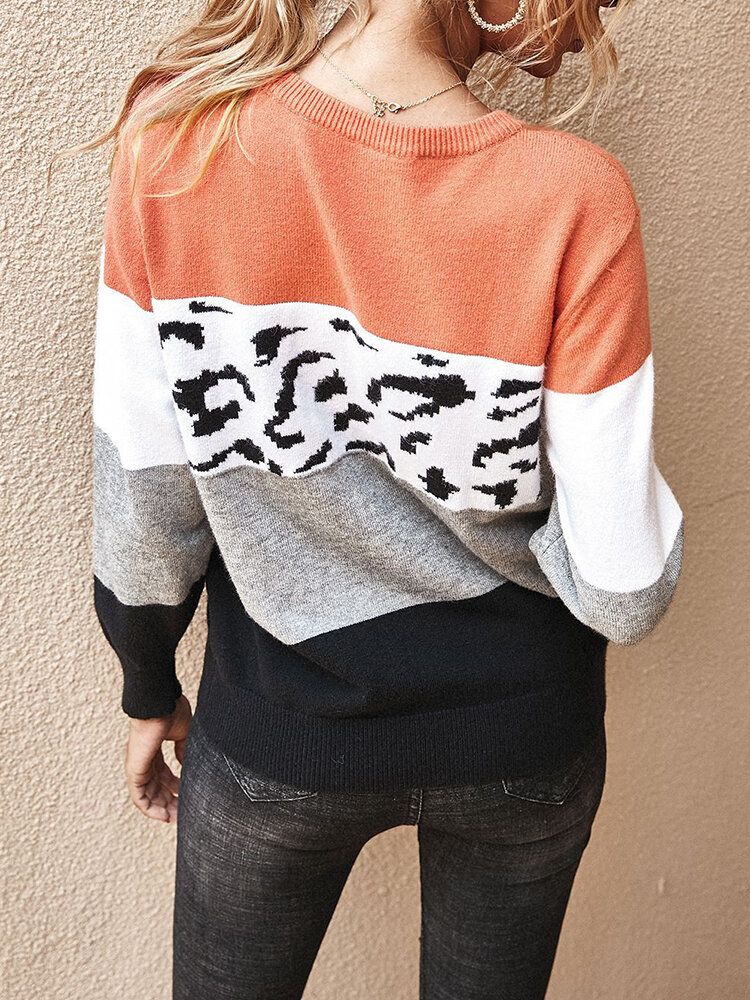 Frauen Color Block Leopard Rundhals Langarm Casual Pullover