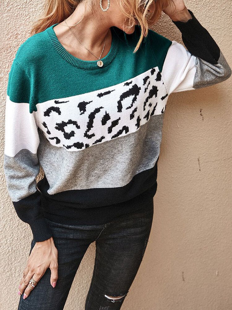 Frauen Color Block Leopard Rundhals Langarm Casual Pullover