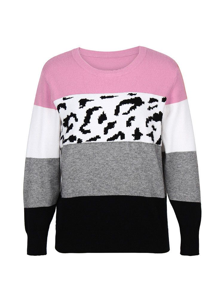 Frauen Color Block Leopard Rundhals Langarm Casual Pullover