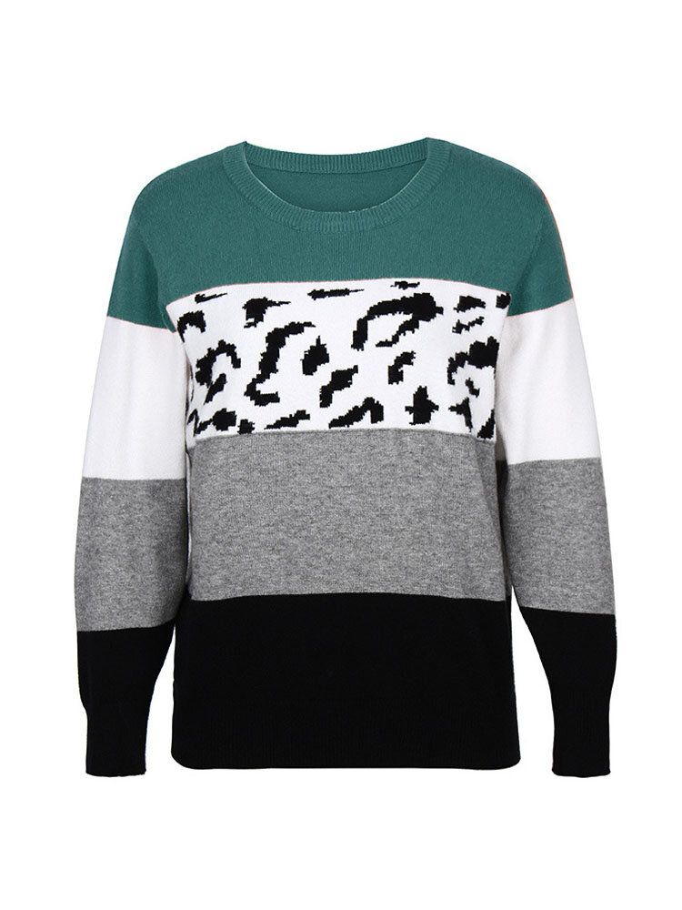 Frauen Color Block Leopard Rundhals Langarm Casual Pullover