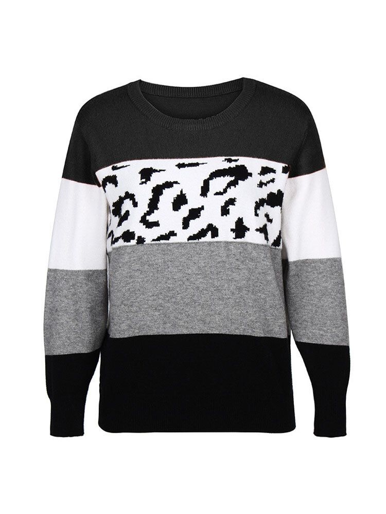 Frauen Color Block Leopard Rundhals Langarm Casual Pullover