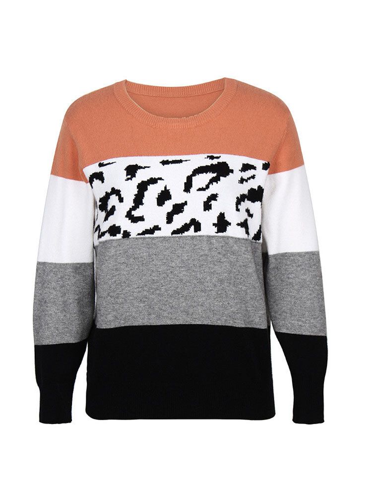 Frauen Color Block Leopard Rundhals Langarm Casual Pullover